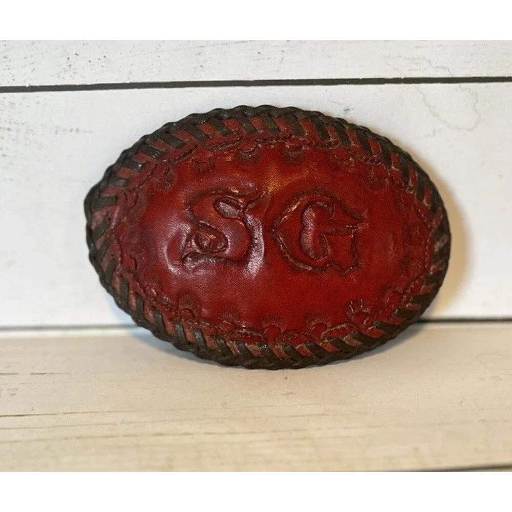 Vintage Mens Women’s Hand Tooled Leather Belt Buckle Whipped Stitch Initialed SG